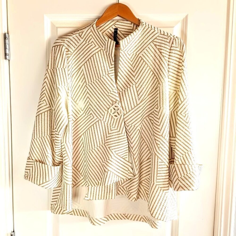 IC By Connie K Cream Gold Stripe Asymmetrical Jacket